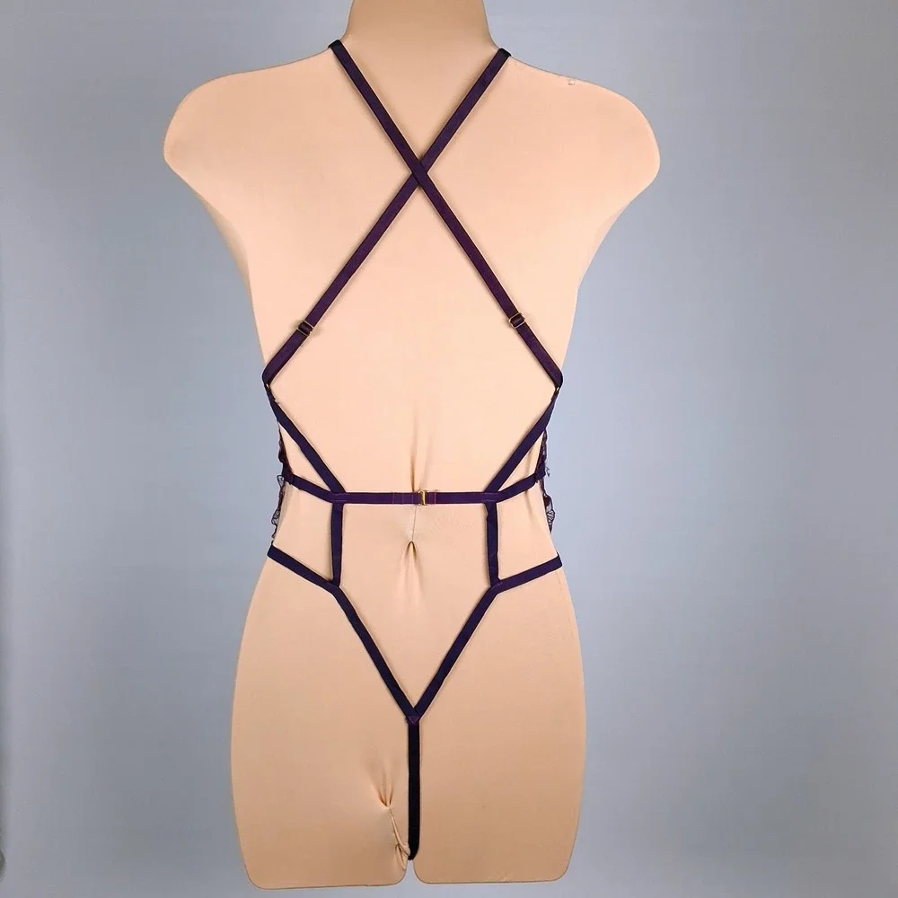 Women's Purple‎ Floral Lace Halter Teddy Bodysuit Strappy Cutout